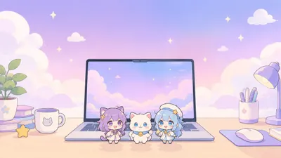 パステルカラーのデスクトップに小さなキャラクターが並ぶイメージイラスト