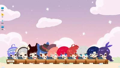 10体のキャラクターが机に並んでタイピングし、左下にカウンター100809が表示された画面