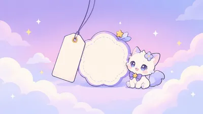 淡い紫の背景に空白の値札と無料バッジの形が浮かぶイメージイラスト