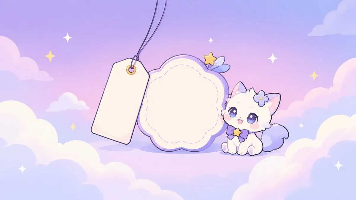 淡い紫の背景に空白の値札と無料バッジの形が浮かぶイメージイラスト