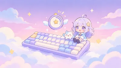 淡い紫の背景にキーボードとカウントの輪、脇に小さなキャラクターがいるイメージイラスト