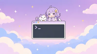 淡い紫の背景で、ウィンドウの脇に座る小さなキャラクターのイメージイラスト
