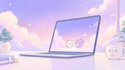 ノートパソコン上でパステル調のデスクトップペットが動くイメージイラスト