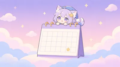 淡い紫の背景に空白のカレンダーと、その上に乗る小さなキャラクターのイメージイラスト