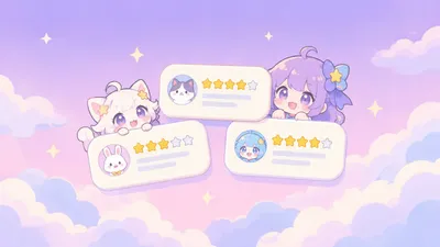 淡い紫の背景に浮かぶレビューカードと星、その間から覗くキャラクターのイメージイラスト