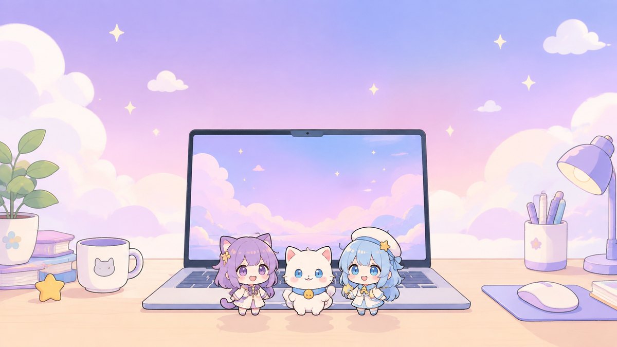 パステルカラーのデスクトップに小さなキャラクターが並ぶイメージイラスト