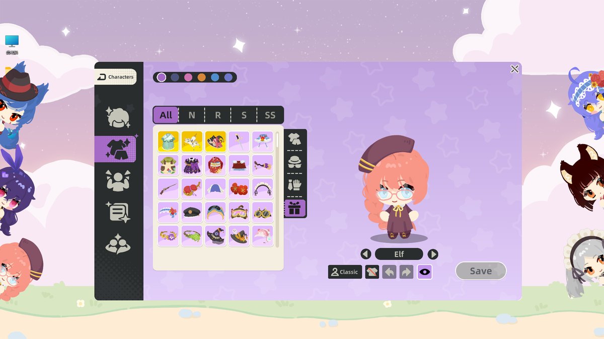 N・R・S・SS のレアリティ別に並んだアクセサリー画面