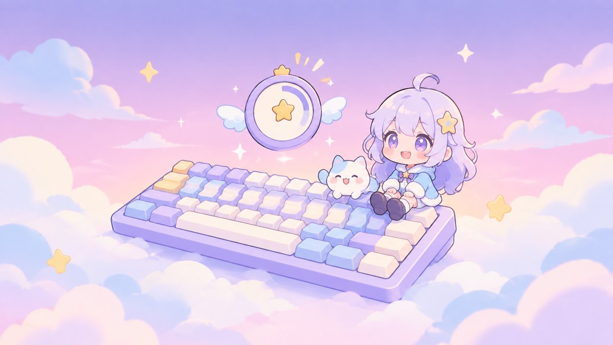 淡い紫の背景にキーボードとカウント表示が浮かぶイメージイラスト